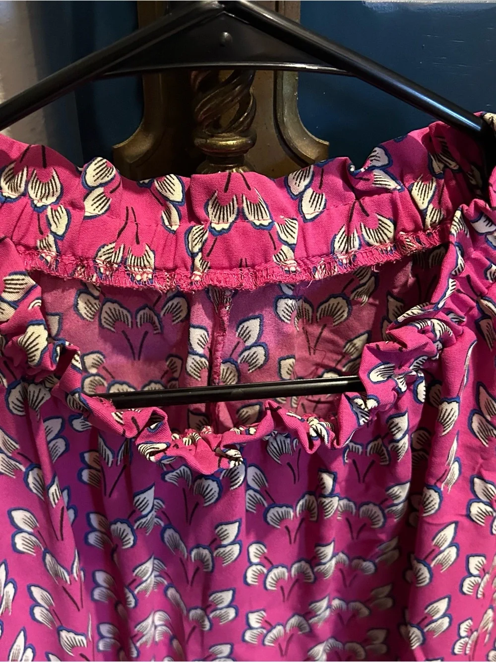 SHEIN Fuchsia Floral Print Short Sleeve Blouse with Orange Embroidery - Picture 2 of 5
